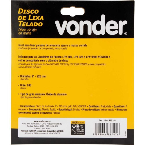 Disco de lixa telado 225 mm gr�o 240 com 5 pe�as