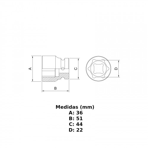 Soquete sextavado de impacto 22 mm encaixe 3/4