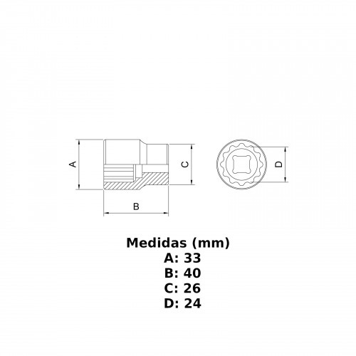 Soquete sextavado 24 mm encaixe 1/2