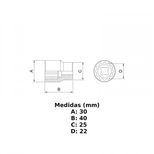 Soquete sextavado 22 mm encaixe 1/2