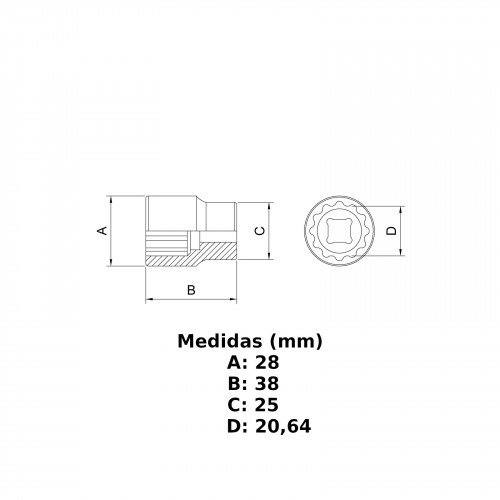 Soquete estriado 20 mm encaixe 1/2