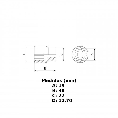Soquete estriado 12 mm encaixe 1/2