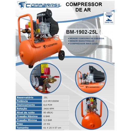 Compressor de ar 8,6 p�s 25L 2hp 120 lbs monof�sico - BM1902-25L  110V
