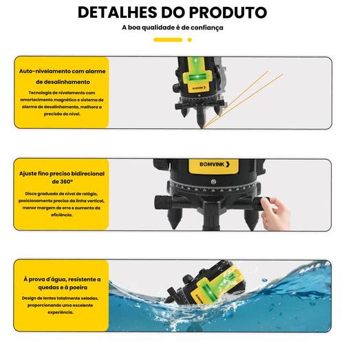 N�vel a laser verde bateria 2 linhas com maleta e �culos - BOM-6210