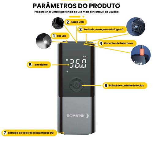 Mini Compressor de ar port�til digital recarreg�vel 150 PSI com LED - BOM-8906