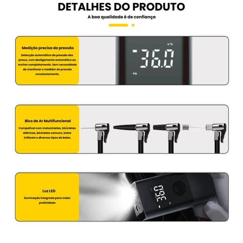 Mini Compressor de ar port�til digital recarreg�vel 150 PSI com LED - BOM-8906