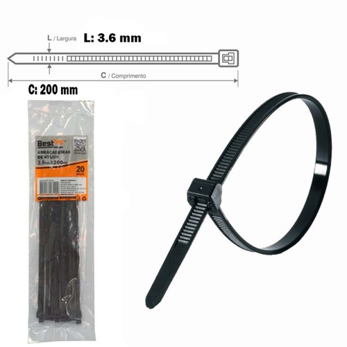 Abraçadeira de nylon 3,6 mm x 20 cm 20 peças - BFH2472 Abraçadeira de nylon 3,6 mm x 20 cm 20 peças - BFH2472
