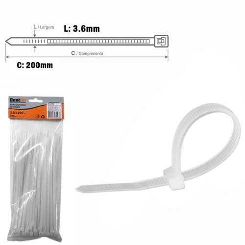 Abraçadeira de nylon 3,6 mm x 20 cm 100 peças - BFH0309 Abraçadeira de nylon 3,6 mm x 20 cm 100 peças - BFH0309