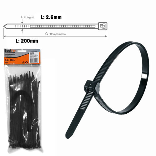 Abraçadeira de nylon 3,6 mm x 20 cm 100 peças - BFH0310 Abraçadeira de nylon 3,6 mm x 20 cm 100 peças - BFH0310