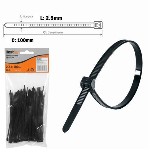 Abra�adeira de nylon 2,5 mm x 10 cm 100 pe�as - BFH0742