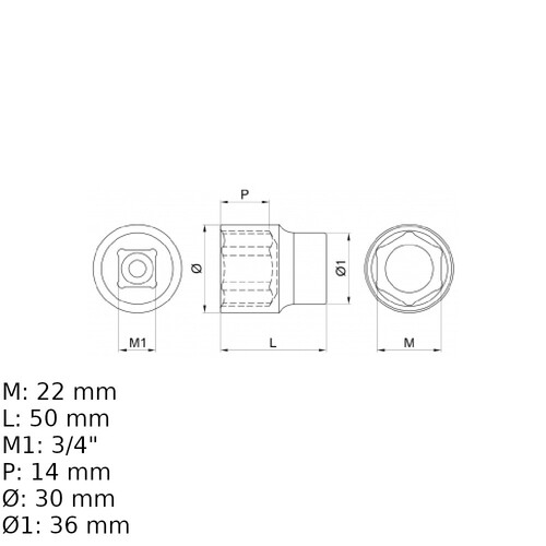 Soquete sextavado 22 mm encaixe 3/4