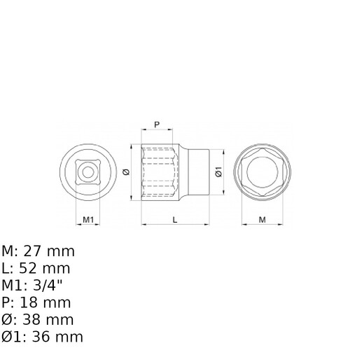 Soquete sextavado 27 mm encaixe 3/4