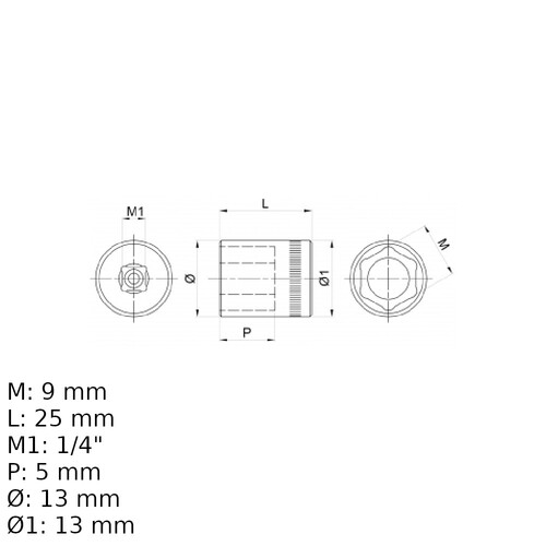 Soquete sextavado 9 mm encaixe 1/4