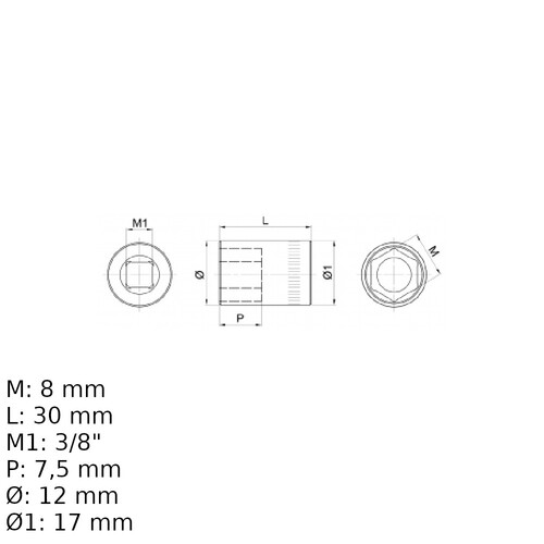 Soquete sextavado 8 mm encaixe 3/8