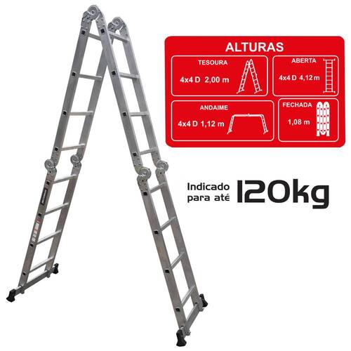Escada multifuncional de alum�nio 4 x 4 com 16 degraus 11 em 1 - ESC0266RO
