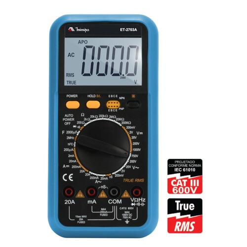 Multímetro digital portátil CAT III 600V True RMS - ET-2703A Multímetro digital portátil CAT III 600V True RMS - ET-2703A
