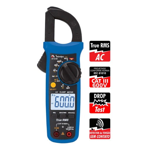 Alicate amperímetro digital CAT III 600V True RMS - ET-3155 Alicate amperímetro digital CAT III 600V True RMS - ET-3155