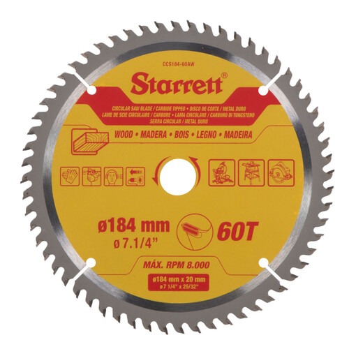 Disco de serra para madeira 184 mm x 20 mm 60 dentes - CCS184-60AW