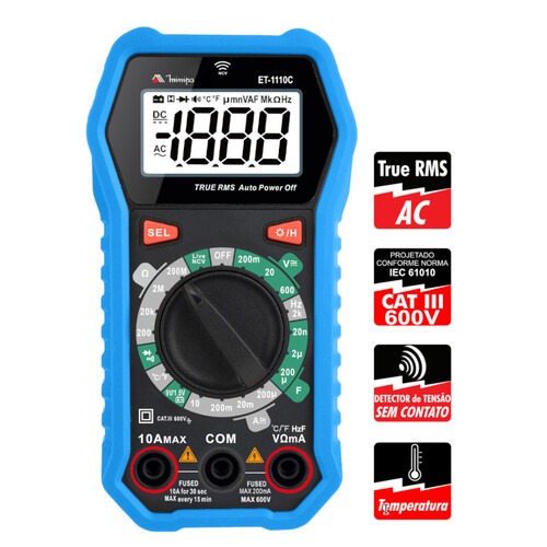Mult�metro digital port�til 600V CAT III True RMS AC Live/NVC - ET-1110C