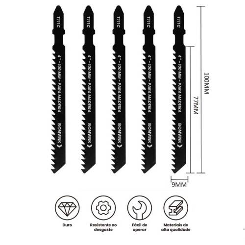 L�mina serra tico tico 100 mm 8 dentes para madeira 5 pe�as - BOM-5130