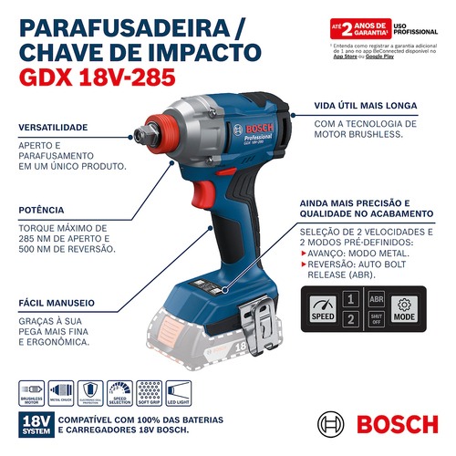 Parafusadeira chave de impacto a bateria 18V Brushless com 2 baterias - GDX 18V-285  110V/220V