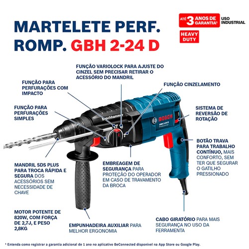 Combo Martelete Perfurador Rompedor 820W 2,7J GBH 2-24D + Esmerilhadeira angular 4.1/2