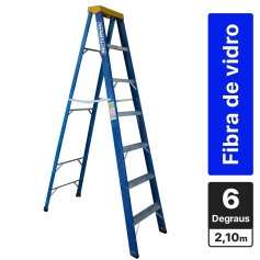 Escada tesoura simples em fibra de vidro 6 degraus + patamar 2,10 m- Premium